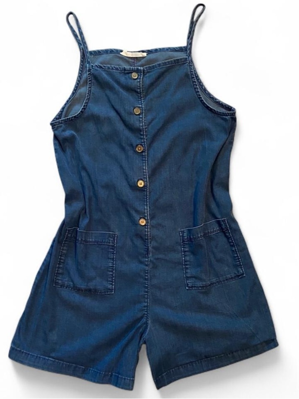 Blue Denim Romper With Pockets